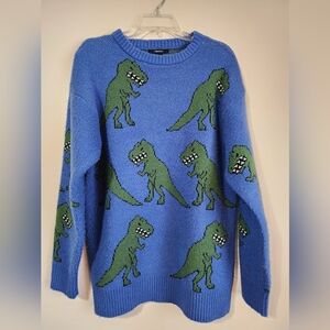 Forever 21 Blue Sweater with Green Dinosaur Design